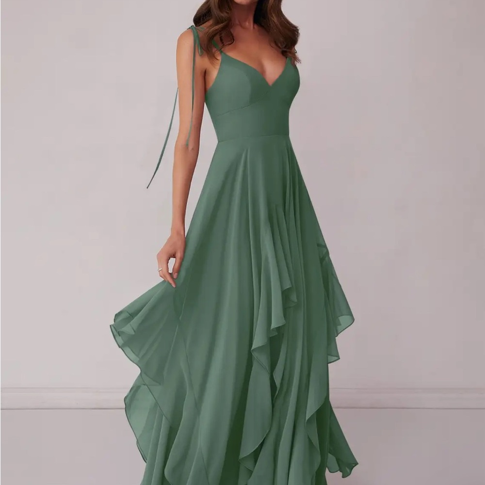 Azazie Eucalyptus A-line Bow Chiffon Dress